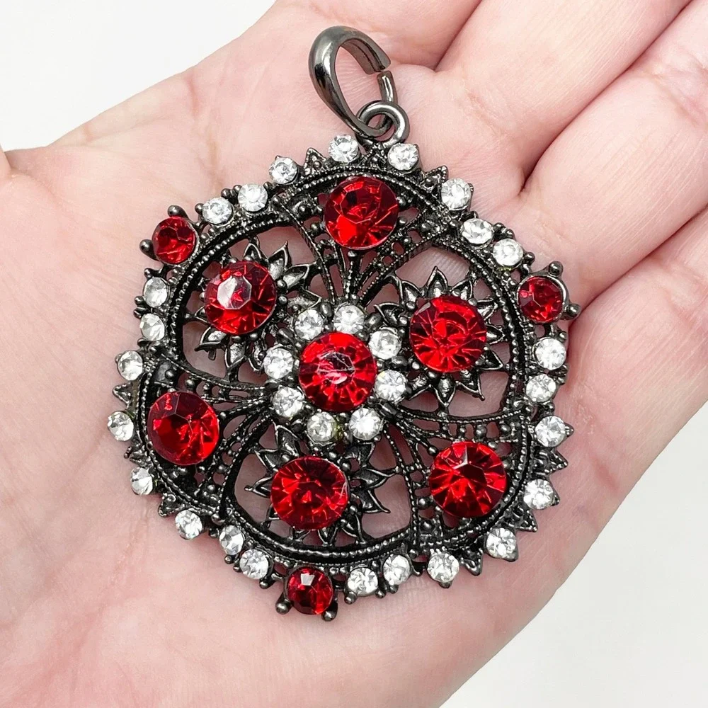 Gunmetal Filigree Pendant Red Clear Rhinestones Gothic Mandala Witchy Dark Fairy